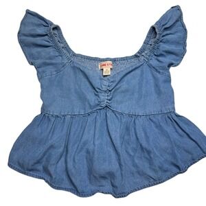 Lone Star Women's Blue Chambray Flutter Sleeve Peplum Top Medium Stretch
